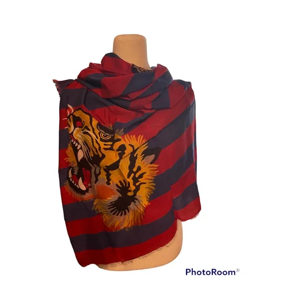 NWT Gucci Shining Tiger Head Red and Blue Stripe Scarf Wrap - Picture 3 of 9